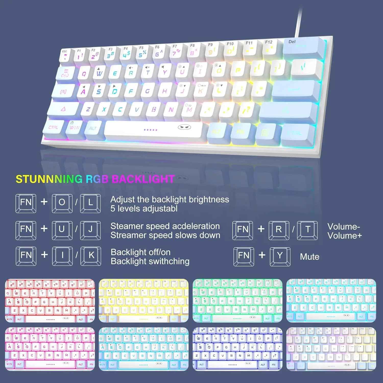 MageGee Mini Gaming Keyboard, 60% Percent Keyboard, 61 Keys Mechanical Feel, Compact RGB Backlit, Waterproof Circuit Board (Blue White)