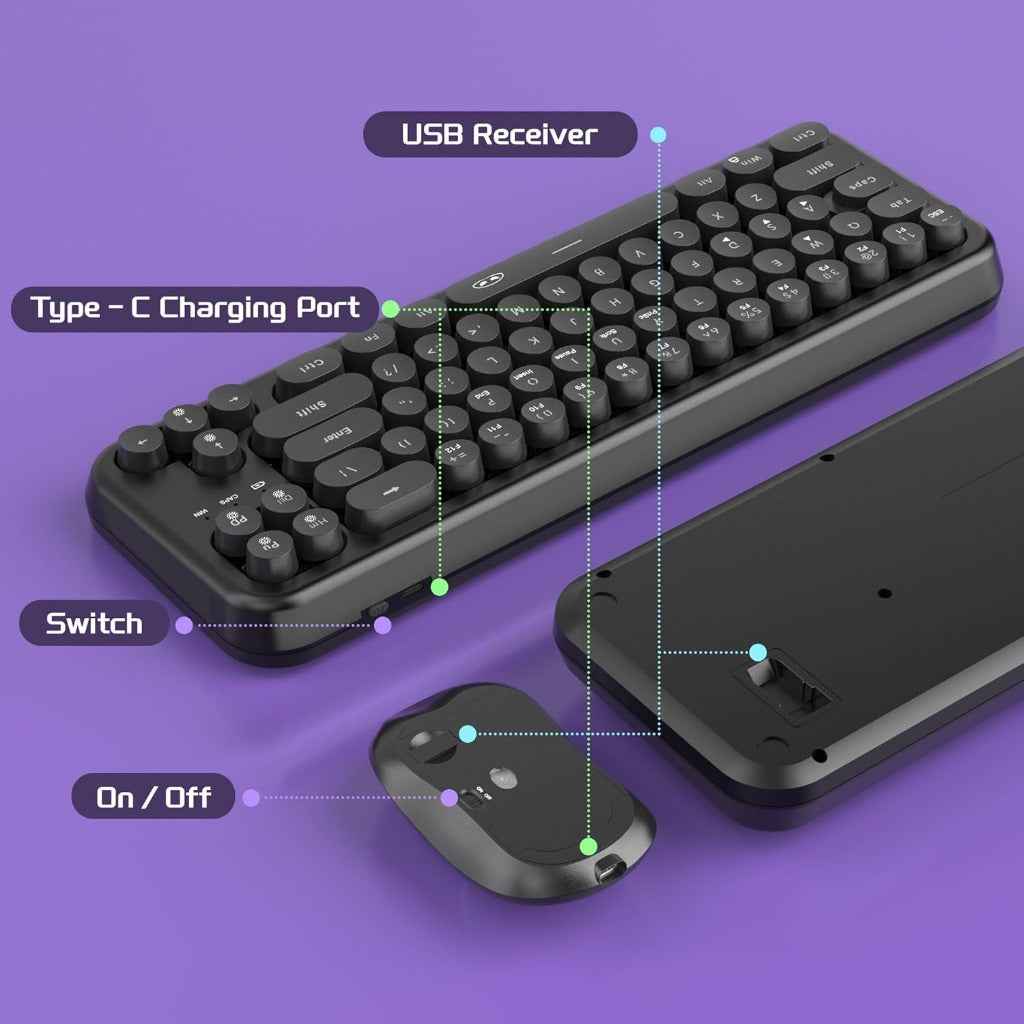 60% Retro Typewriter Round 2.4G Wireless Keyboard and Mouse