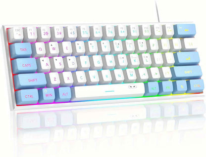 MageGee Mini Gaming Keyboard, 60% Percent Keyboard, 61 Keys Mechanical Feel, Compact RGB Backlit, Waterproof Circuit Board (Blue White)
