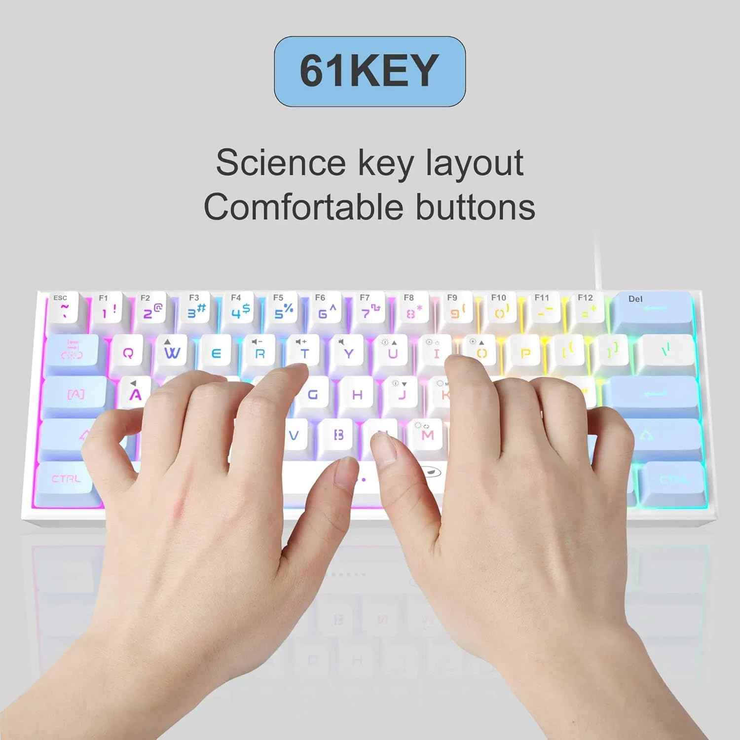 MageGee Mini Gaming Keyboard, 60% Percent Keyboard, 61 Keys Mechanical Feel, Compact RGB Backlit, Waterproof Circuit Board (Blue White)