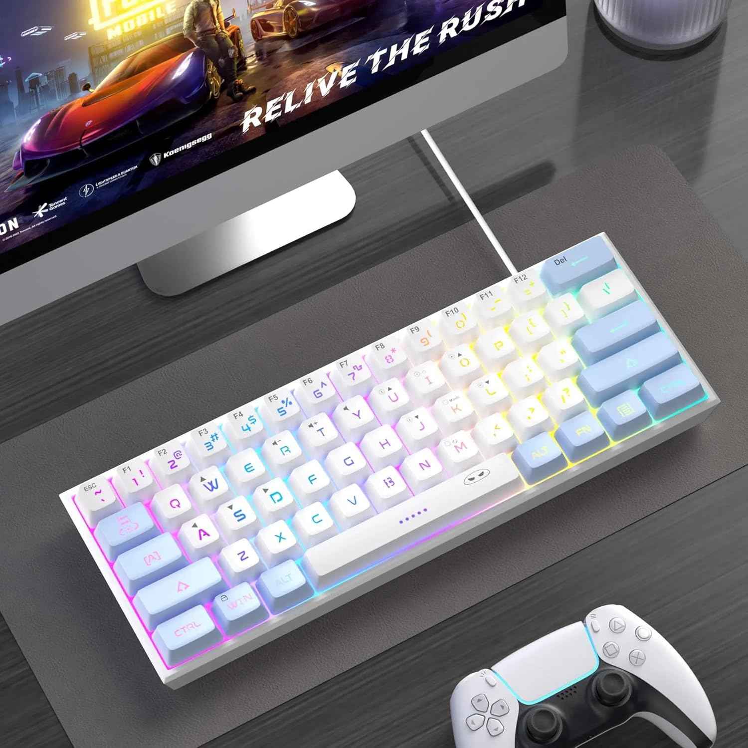 MageGee Mini Gaming Keyboard, 60% Percent Keyboard, 61 Keys Mechanical Feel, Compact RGB Backlit, Waterproof Circuit Board (Blue White)